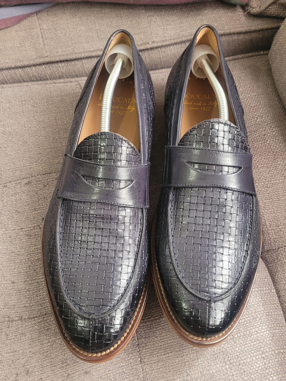 Doucal's Navy Woven Leather Penny Loafers